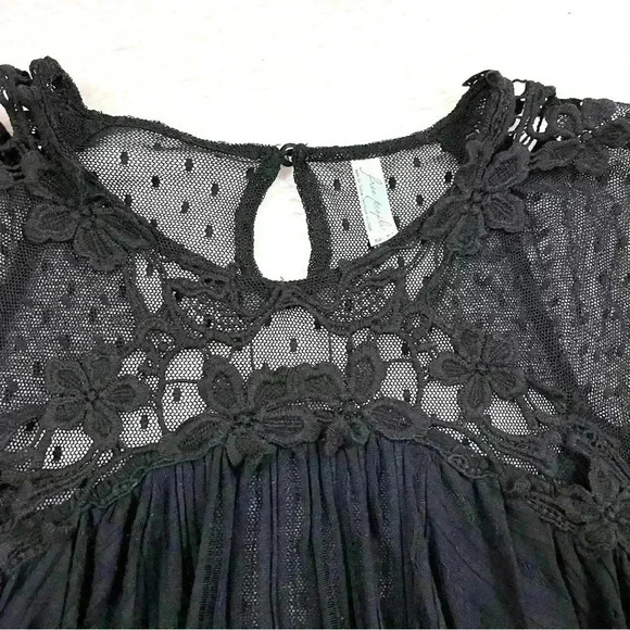 Free People Black Rayon Blend Lace Cap Sleeve Fit & Flare Babydoll Top Size XS - Picture 5 of 15